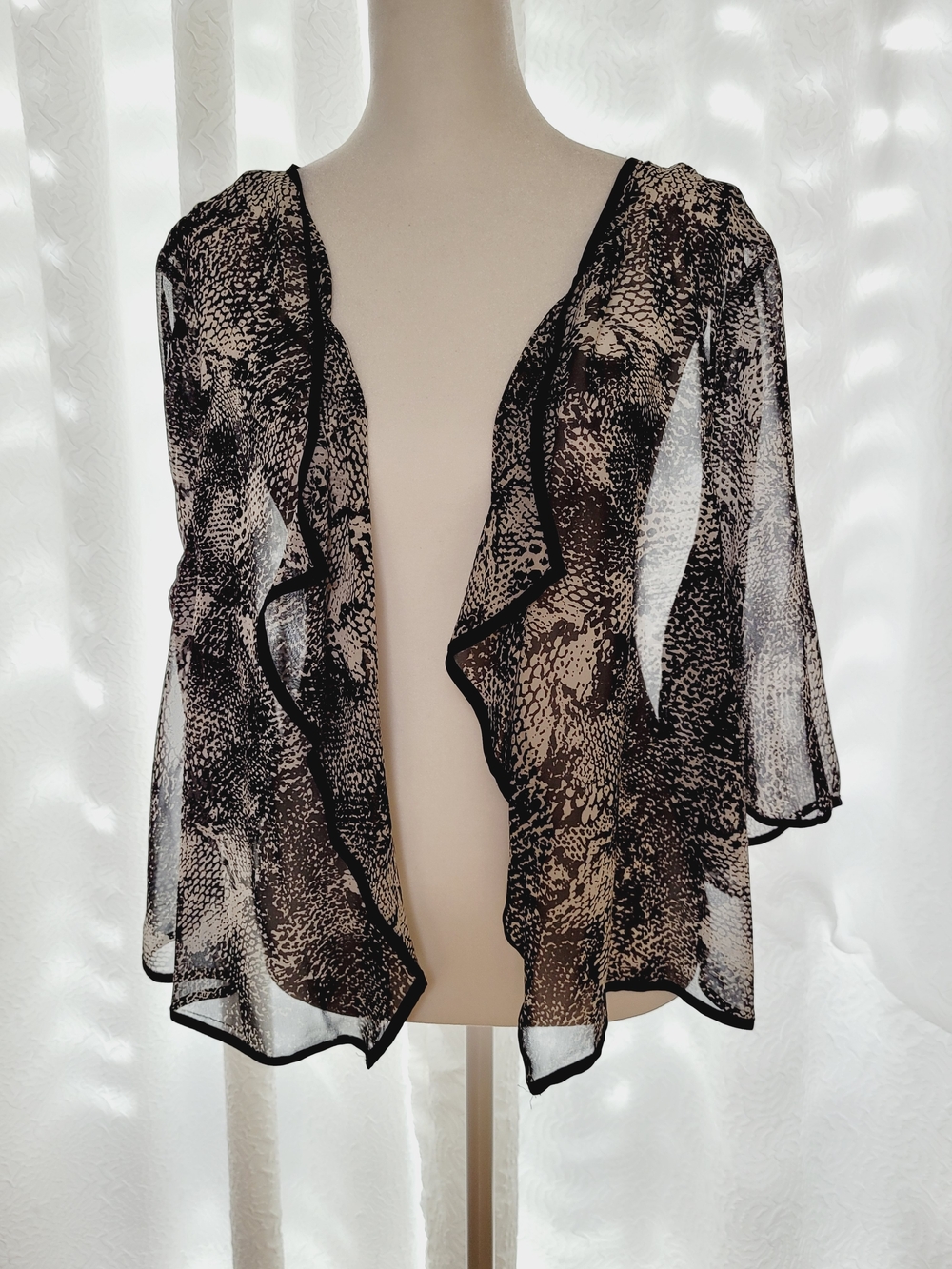 Sheer Animal-Print Ruffle Open Front Top - Black/Tan
